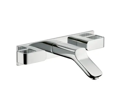 Chromfarbene Wandarmatur von AXOR mit zwei Handgriffen und einem langen, elegant geformten Auslauf, geeignet für die Montage über einem Waschbecken.